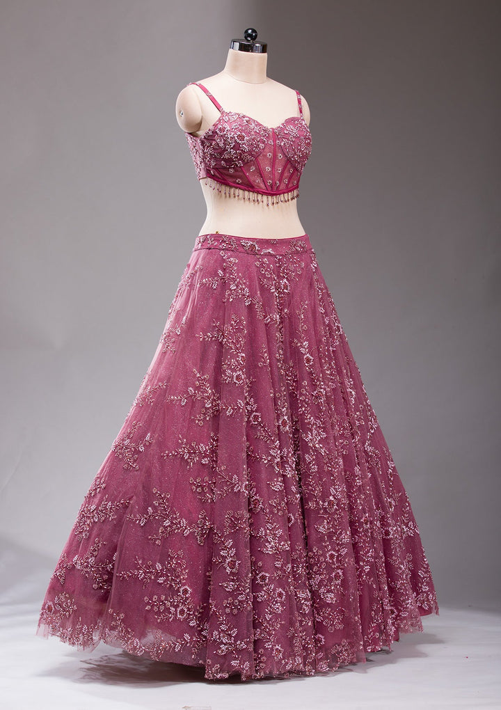 Mauve Pearlwork Net Readymade Lehenga-koskii