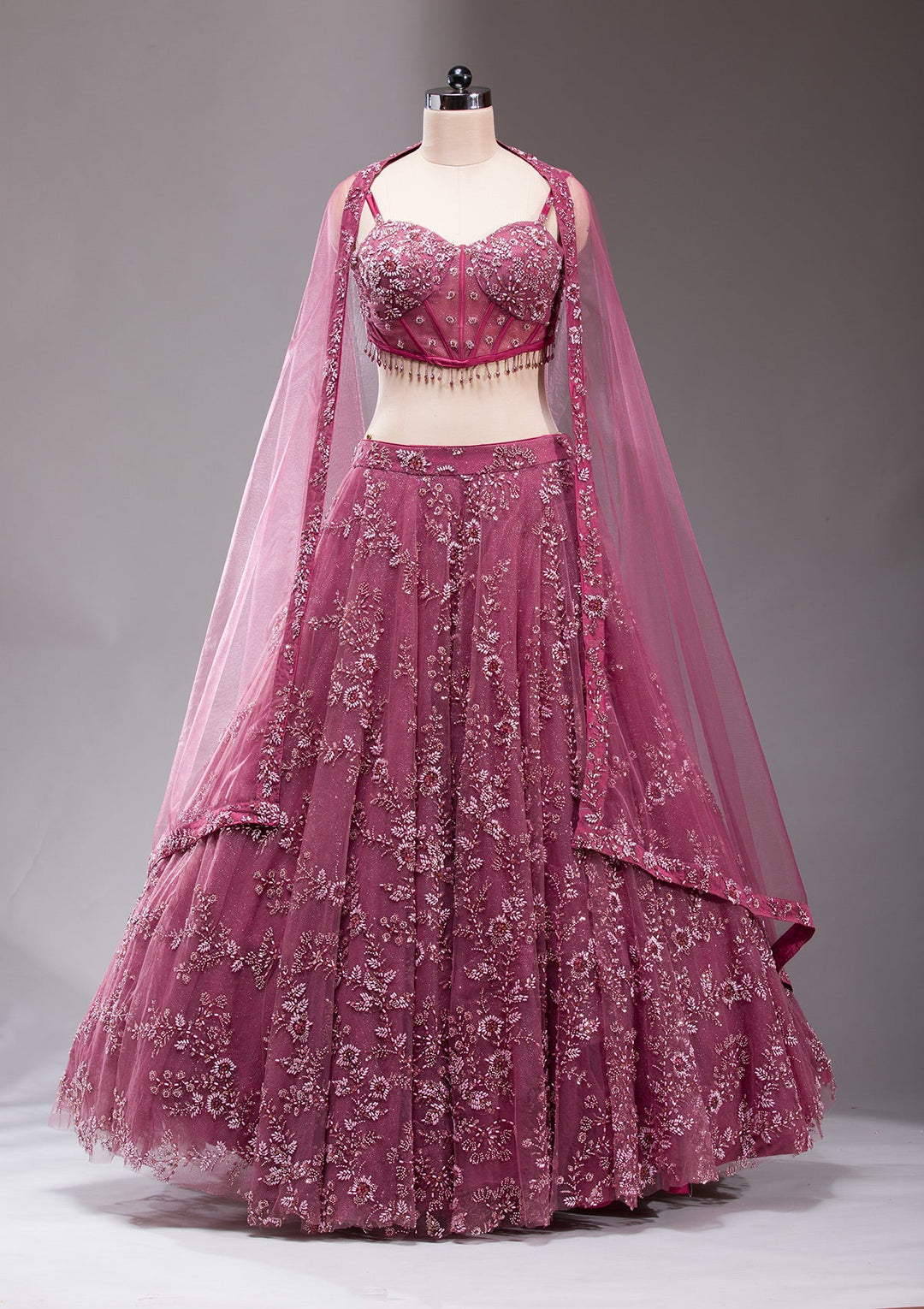 Mauve Pearlwork Net Readymade Lehenga-koskii