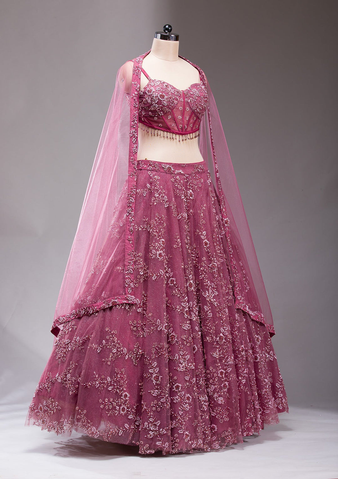 Mauve Pearlwork Net Readymade Lehenga-koskii