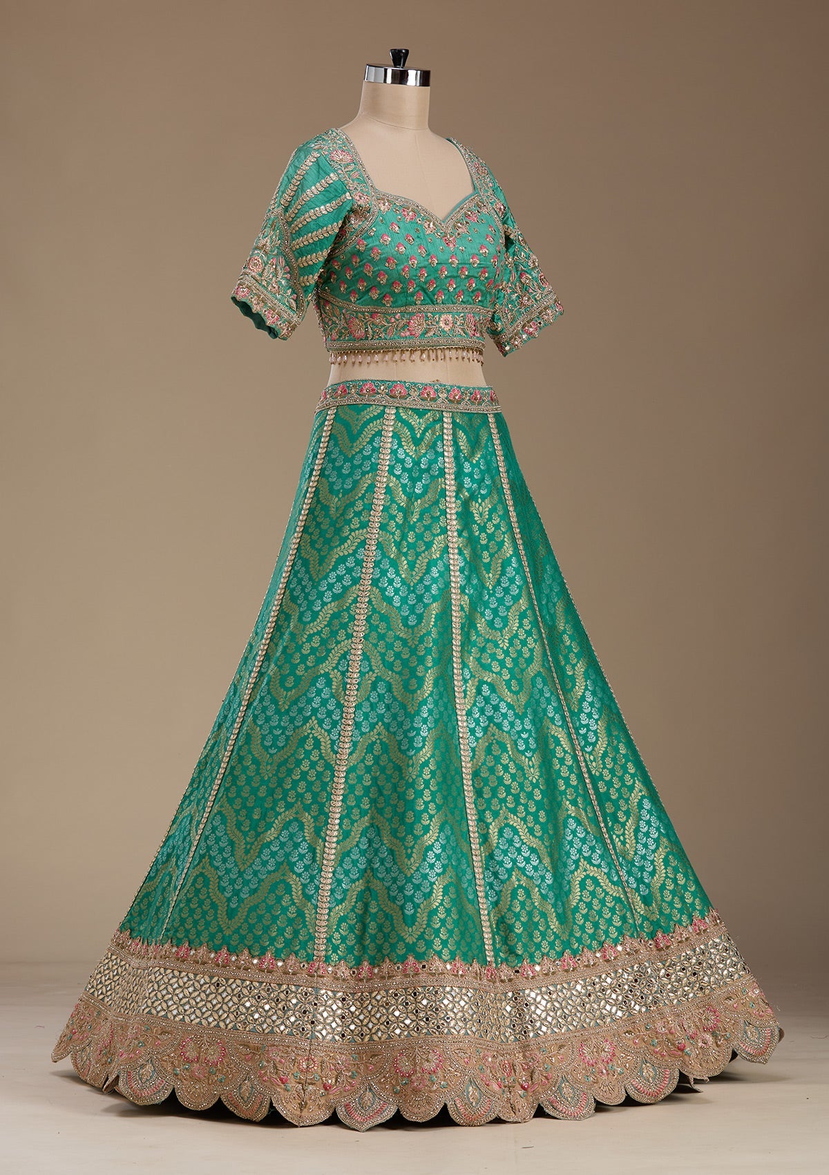 Sea Green Zariwork Banarasi Readymade Lehenga-koskii