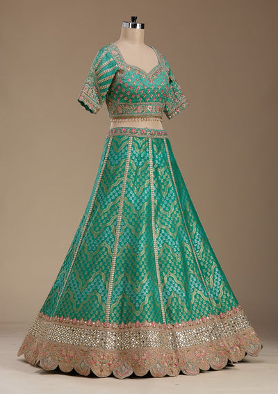 Sea Green Zariwork Banarasi Readymade Lehenga-koskii