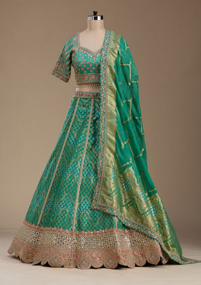 Sea Green Zariwork Banarasi Readymade Lehenga-koskii