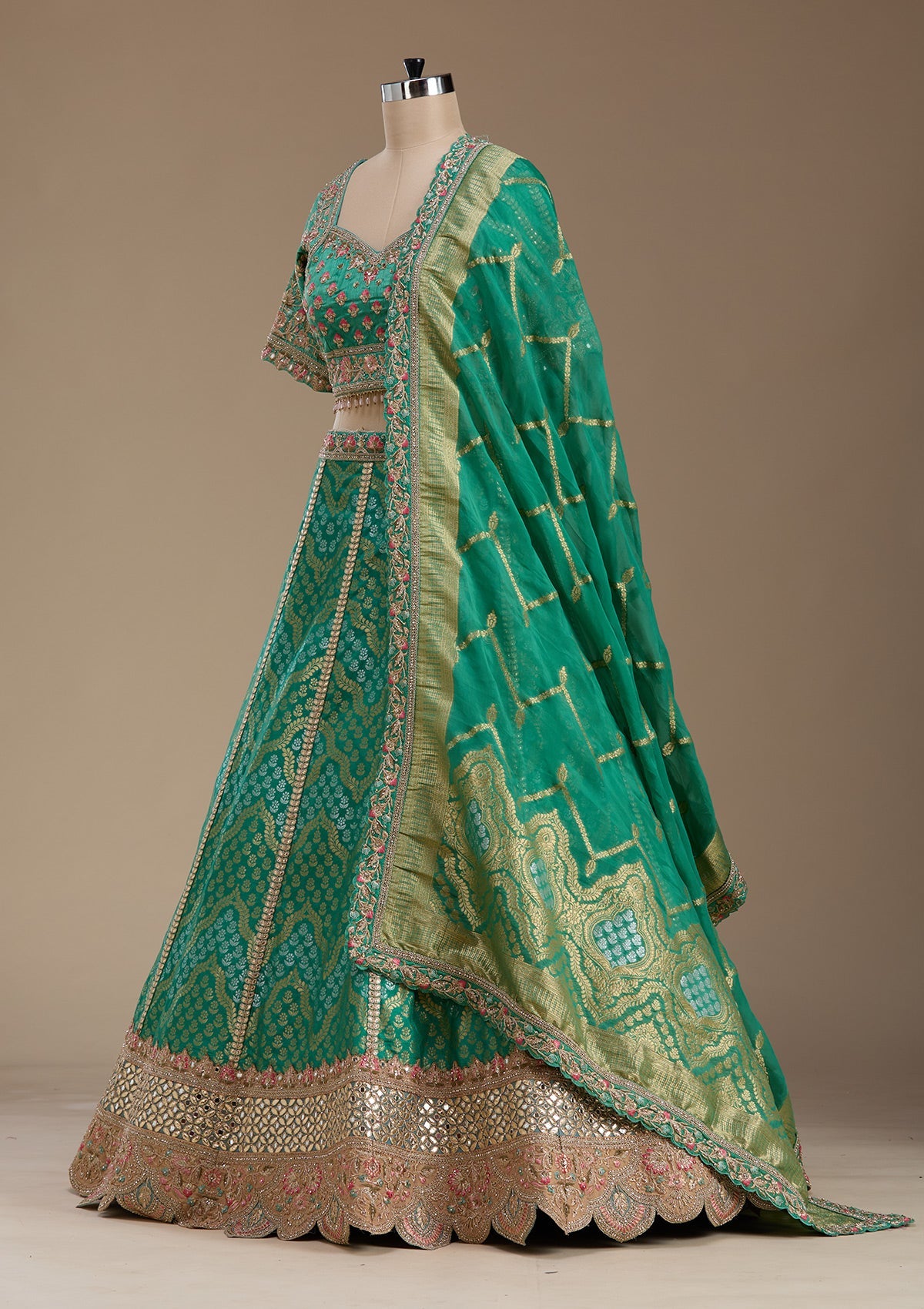 Sea Green Zariwork Banarasi Readymade Lehenga-koskii