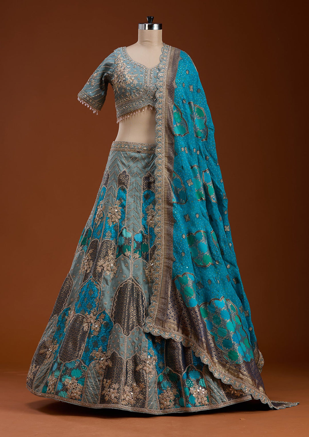 Turquoise Blue Zariwork Banarasi Readymade Lehenga-koskii