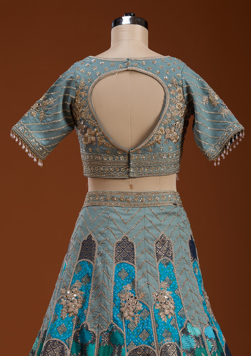 Turquoise Blue Zariwork Banarasi Readymade Lehenga-koskii