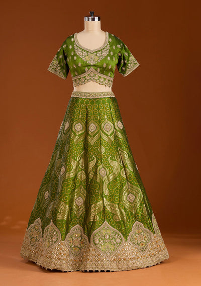 Parrot Green Zariwork Banarasi Readymade Lehenga-koskii
