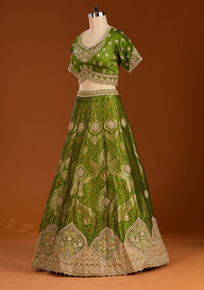 Parrot Green Zariwork Banarasi Readymade Lehenga-koskii