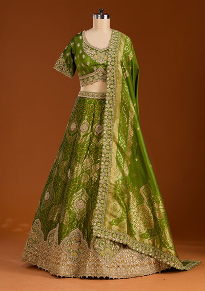 Parrot Green Zariwork Banarasi Readymade Lehenga-koskii