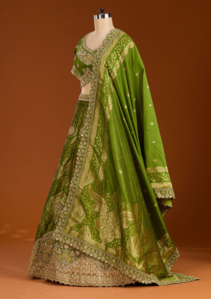Parrot Green Zariwork Banarasi Readymade Lehenga-koskii