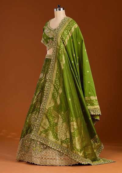 Parrot Green Zariwork Banarasi Readymade Lehenga-koskii