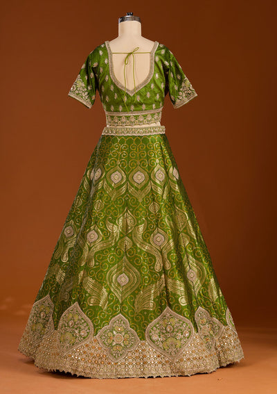 Parrot Green Zariwork Banarasi Readymade Lehenga-koskii