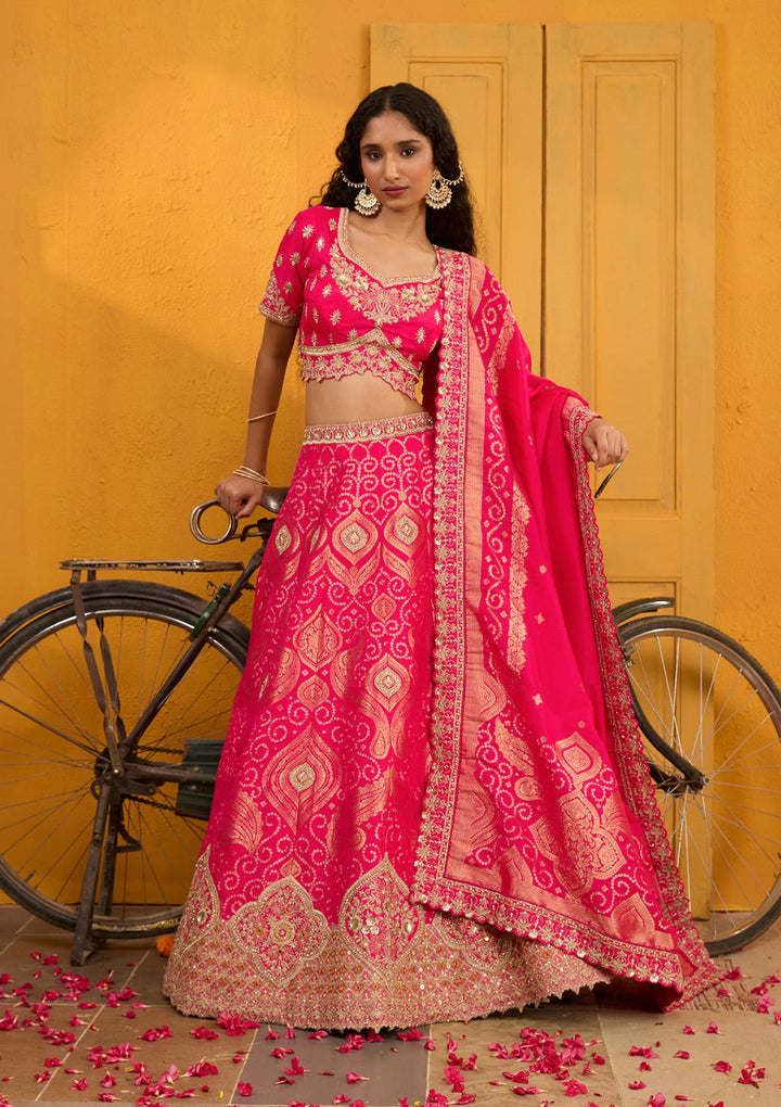 Rani Pink Zariwork Banarasi Readymade Lehenga-Koskii