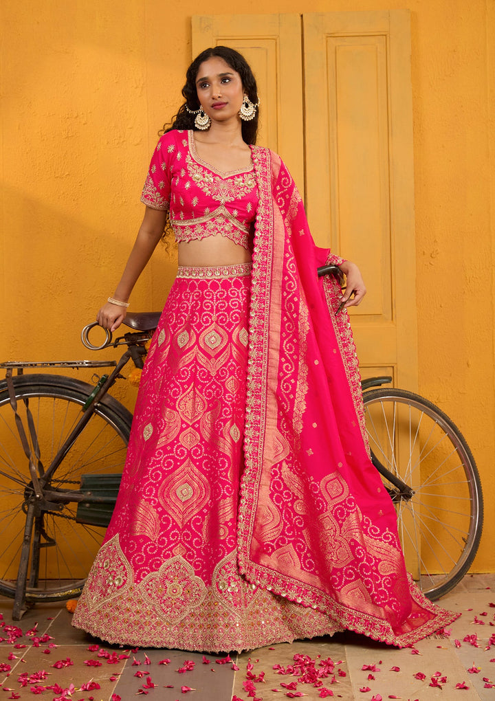 Rani Pink Zariwork Banarasi Readymade Lehenga-Koskii