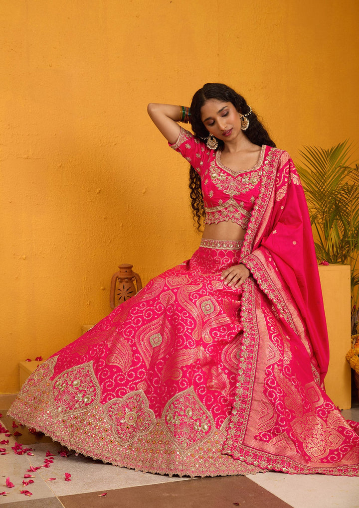 Rani Pink Zariwork Banarasi Readymade Lehenga-Koskii