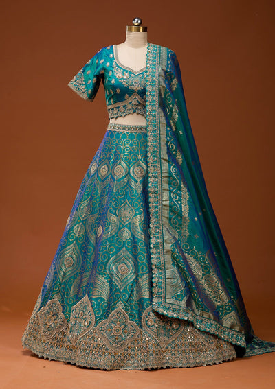 Turquoise Blue Zariwork Banarasi Readymade Lehenga_Koskii
