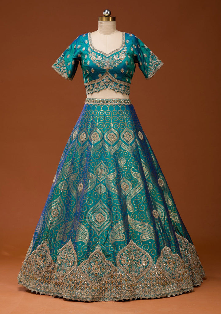 Turquoise Blue Zariwork Banarasi Readymade Lehenga_Koskii