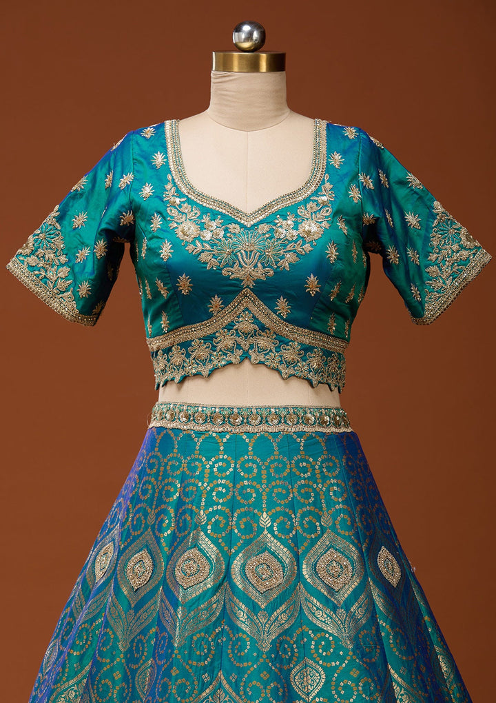 Turquoise Blue Zariwork Banarasi Readymade Lehenga_Koskii