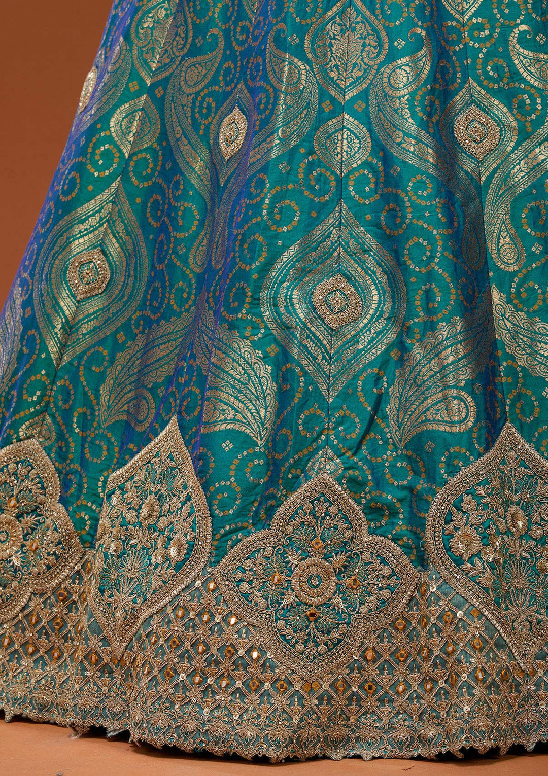 Turquoise Blue Zariwork Banarasi Readymade Lehenga_Koskii