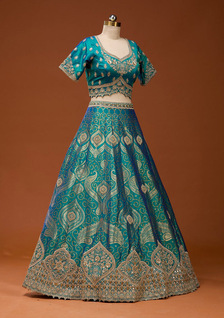 Turquoise Blue Zariwork Banarasi Readymade Lehenga_Koskii
