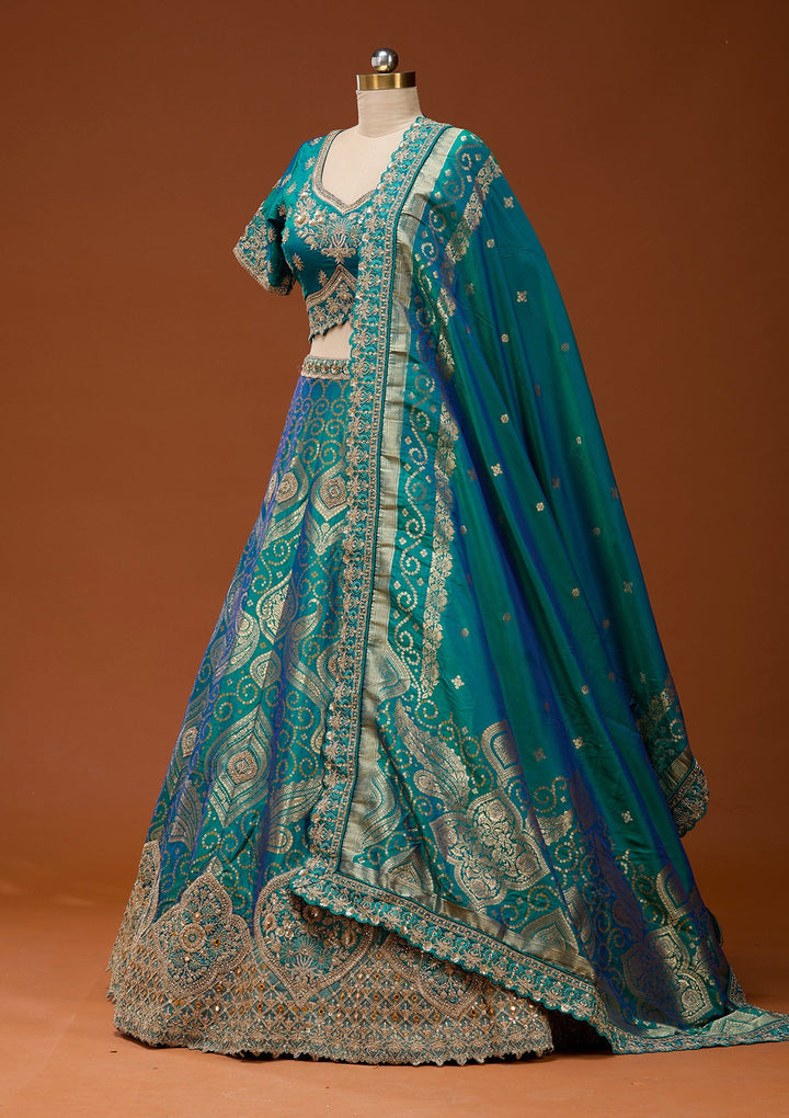 Turquoise Blue Zariwork Banarasi Readymade Lehenga_Koskii