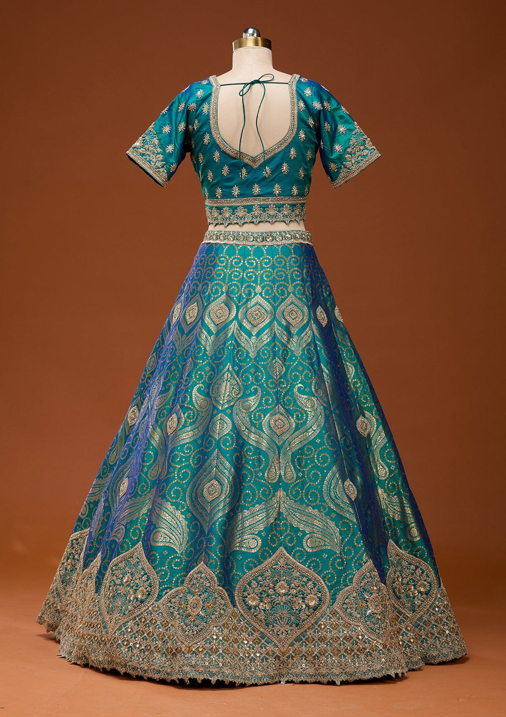 Turquoise Blue Zariwork Banarasi Readymade Lehenga_Koskii