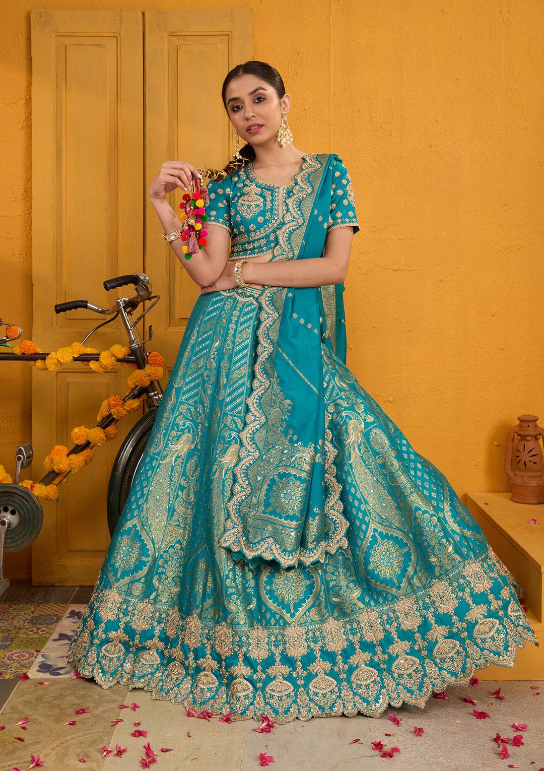 Turquoise Blue Zariwork Banarasi Readymade Lehenga-Koskii