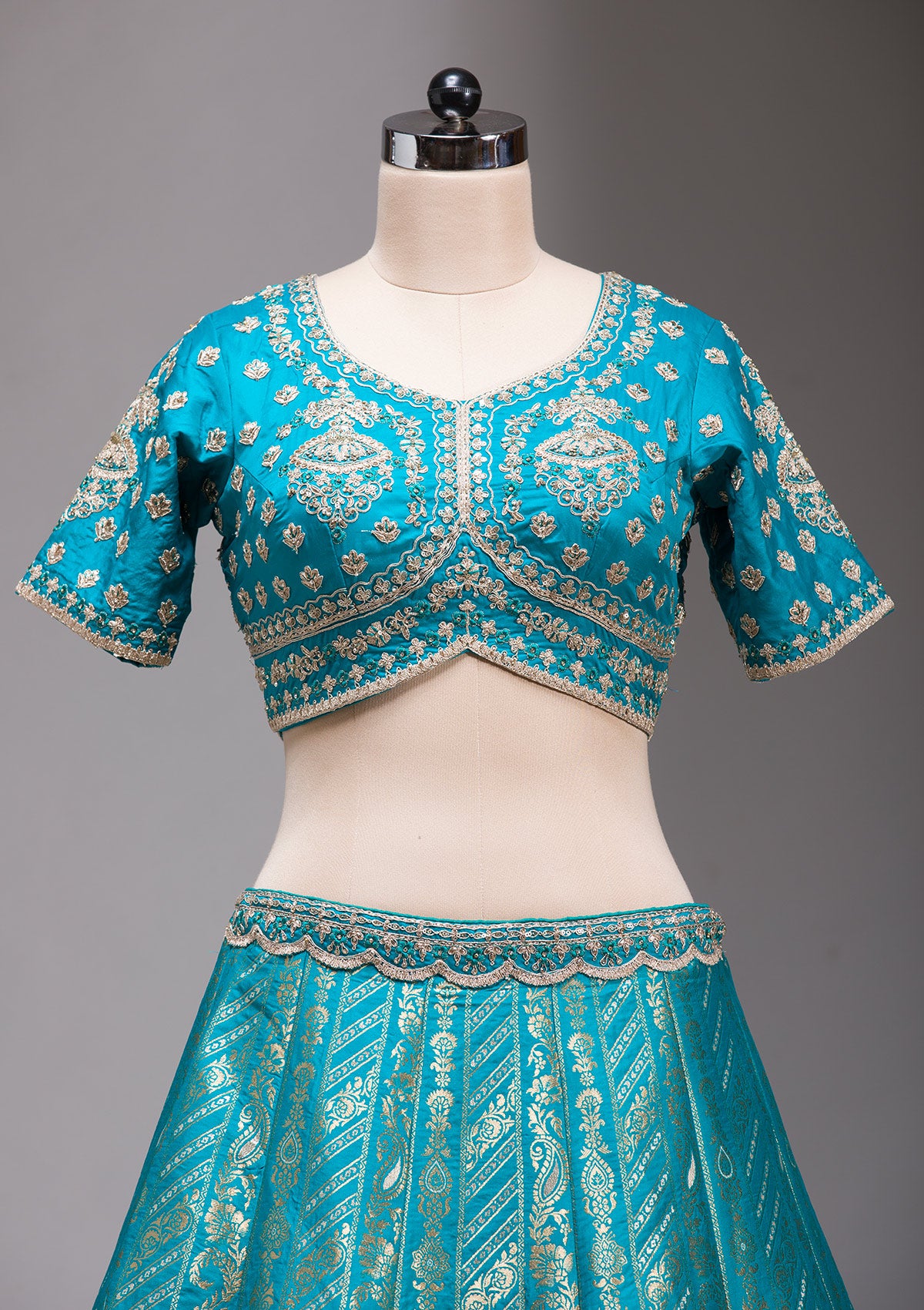 Turquoise Blue Zariwork Banarasi Readymade Lehenga