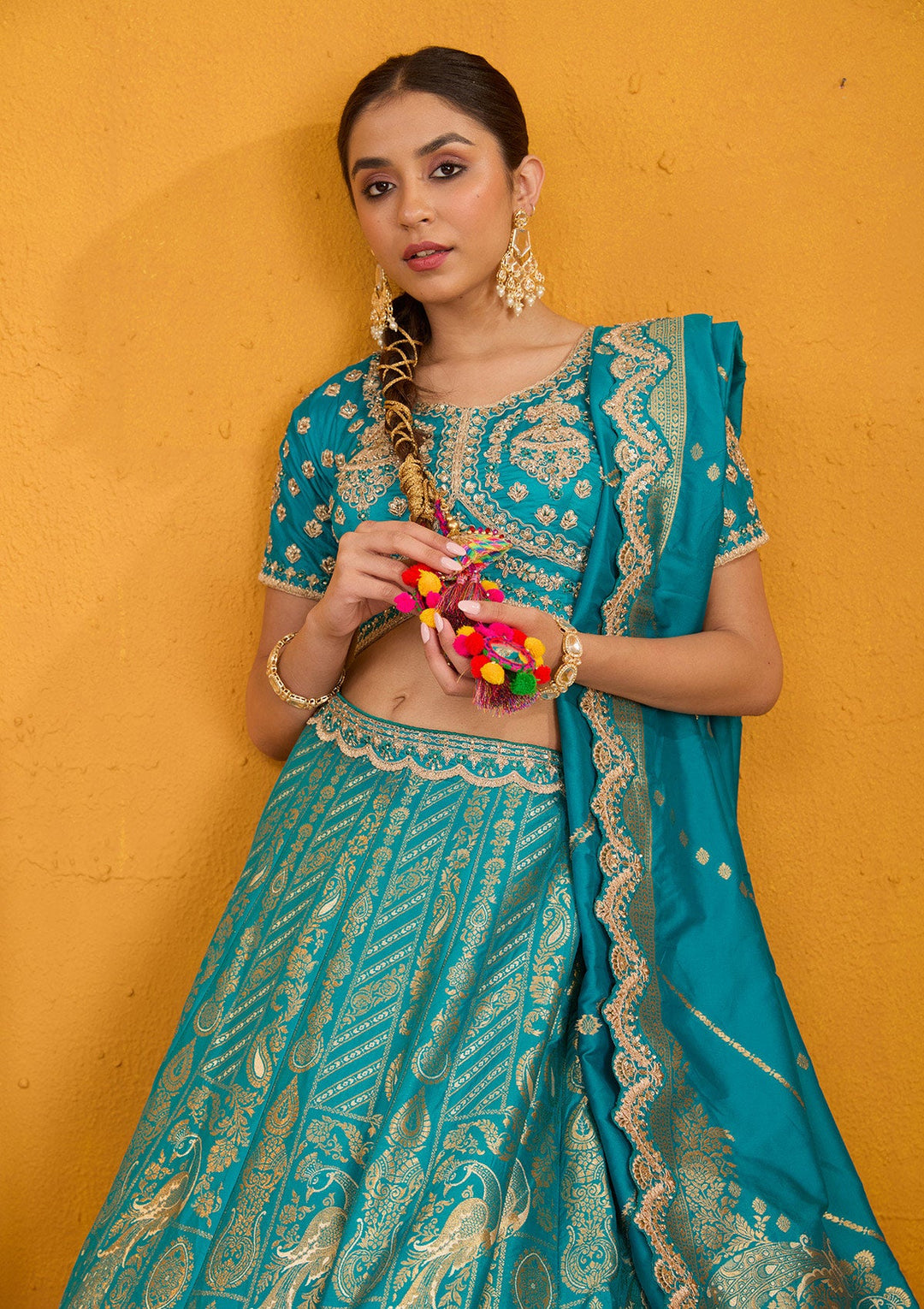 Turquoise Blue Zariwork Banarasi Readymade Lehenga-Koskii