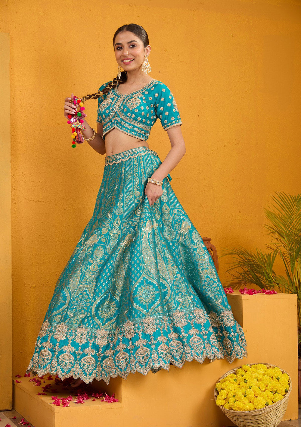 Turquoise Blue Zariwork Banarasi Readymade Lehenga-Koskii
