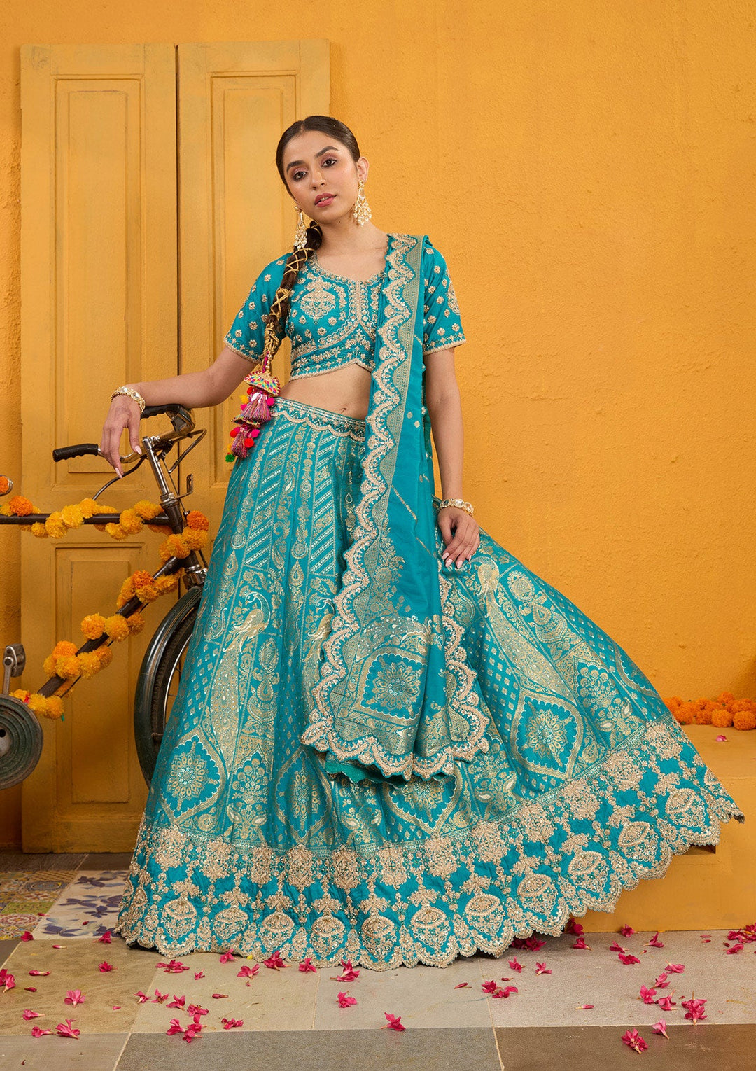 Turquoise Blue Zariwork Banarasi Readymade Lehenga-Koskii