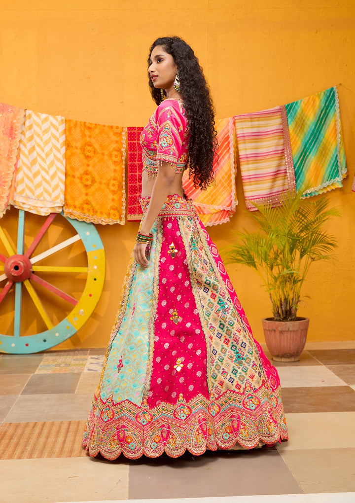 Rani Pink Threadwork Banarasi Readymade Lehenga-Koskii