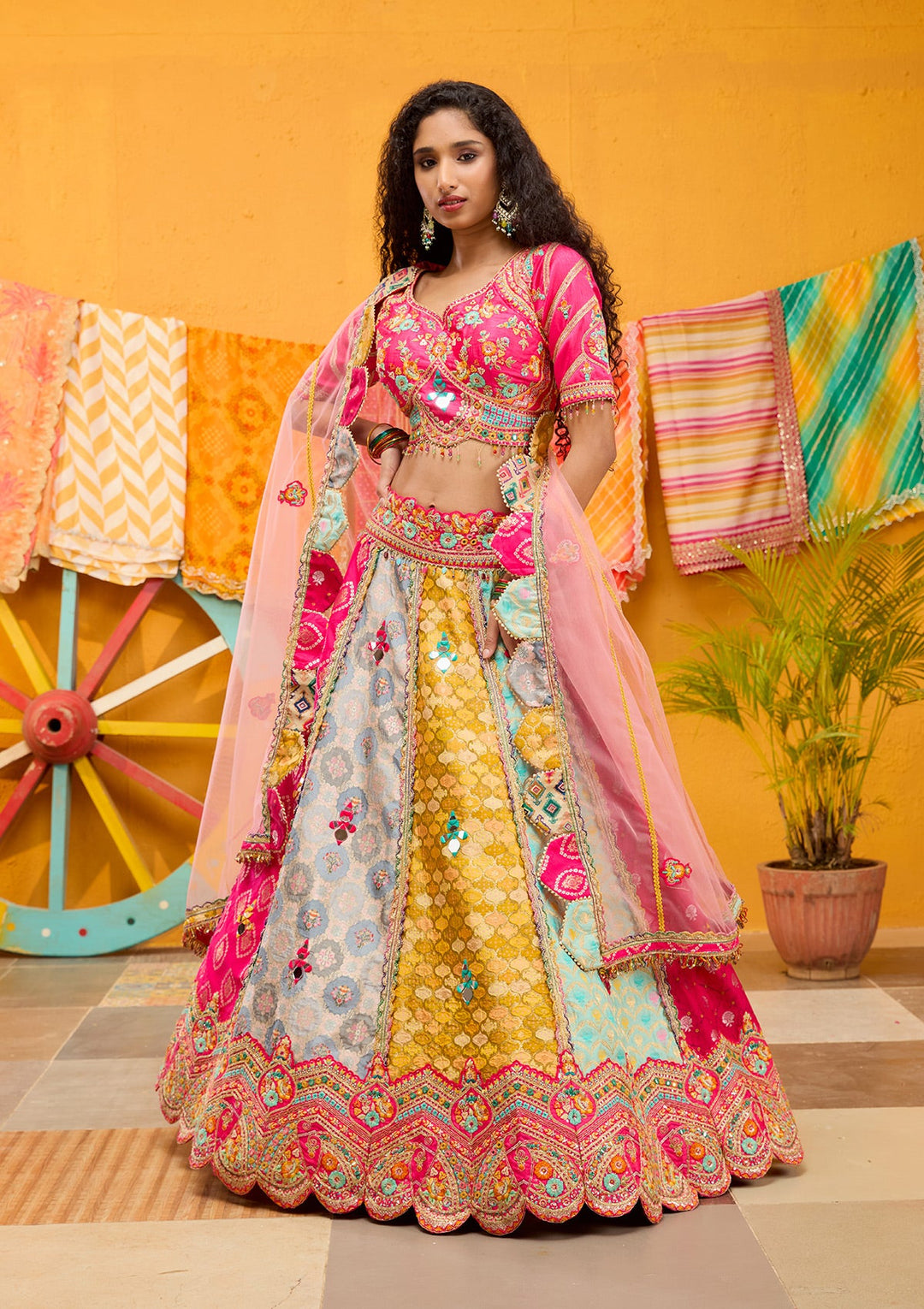 Rani Pink Threadwork Banarasi Readymade Lehenga-Koskii