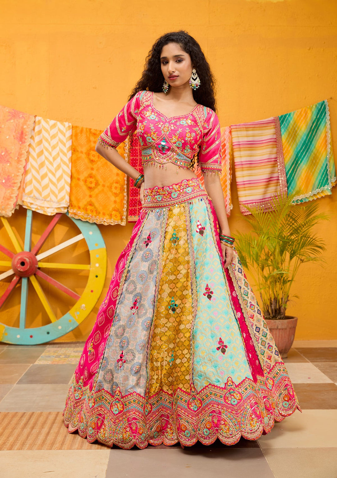 Rani Pink Threadwork Banarasi Readymade Lehenga-Koskii