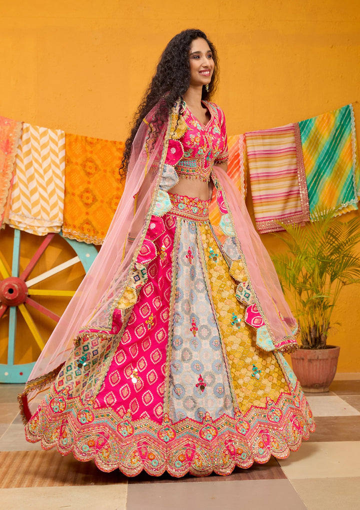 Rani Pink Threadwork Banarasi Readymade Lehenga-Koskii