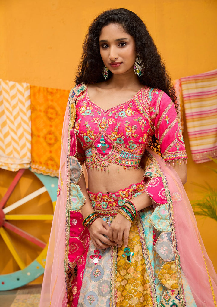 Rani Pink Threadwork Banarasi Readymade Lehenga-Koskii