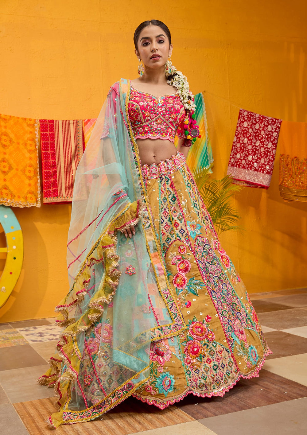 Rani Pink Threadwork Banarasi Readymade Lehenga-Koskii
