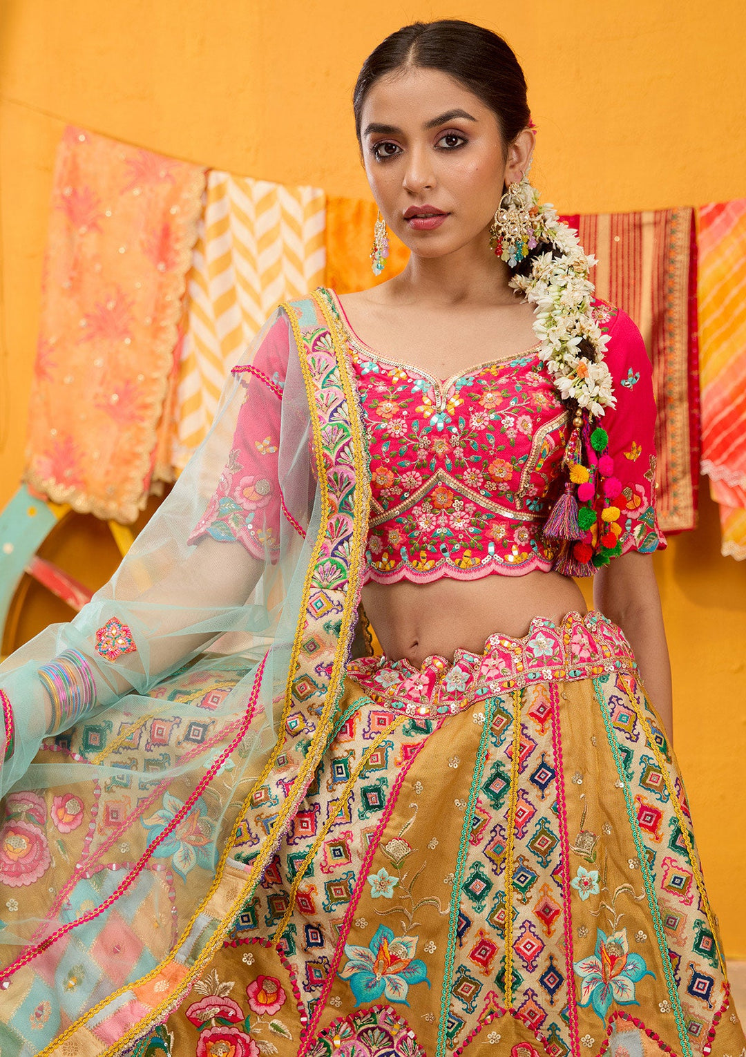 Rani Pink Threadwork Banarasi Readymade Lehenga-Koskii