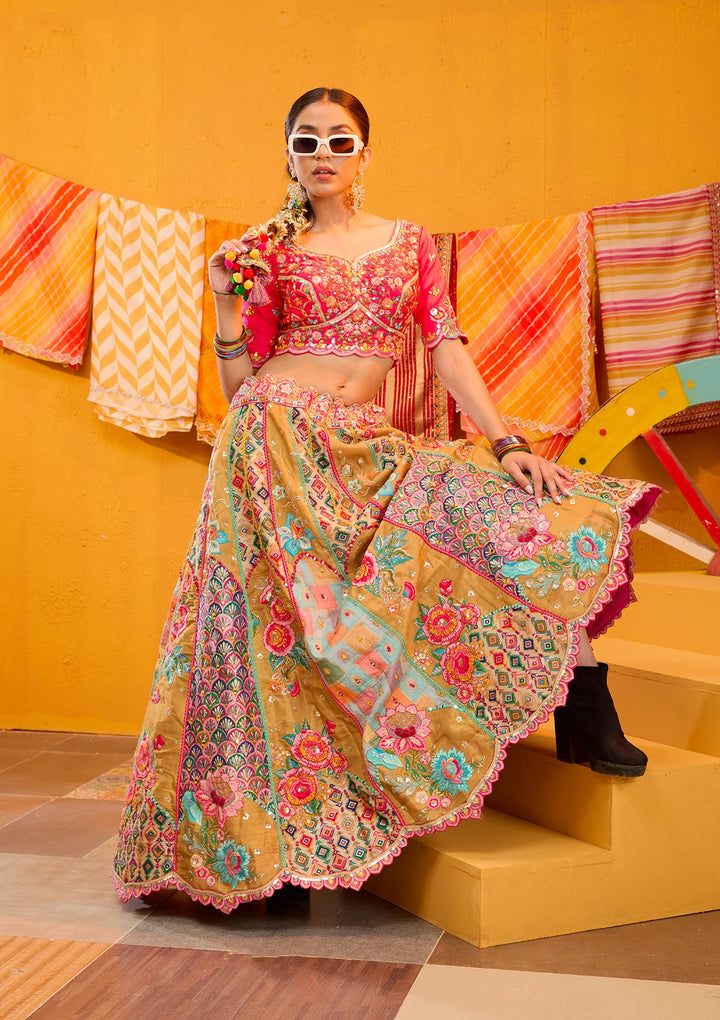 Rani Pink Threadwork Banarasi Readymade Lehenga-Koskii
