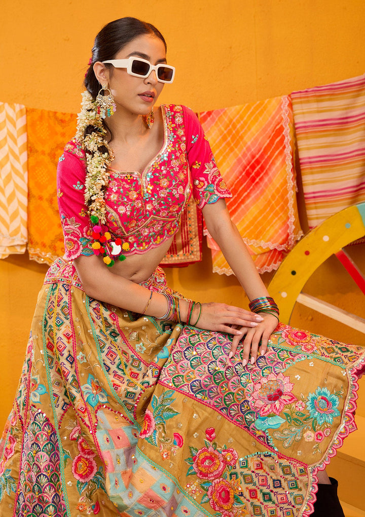 Rani Pink Threadwork Banarasi Readymade Lehenga-Koskii