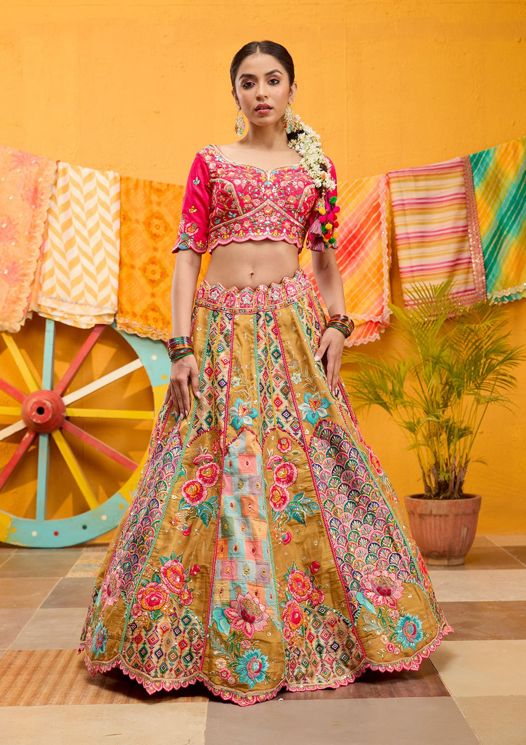 Rani Pink Threadwork Banarasi Readymade Lehenga-Koskii