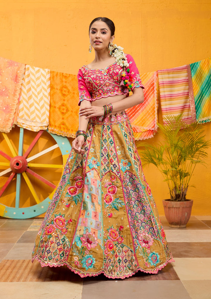 Rani Pink Threadwork Banarasi Readymade Lehenga-Koskii