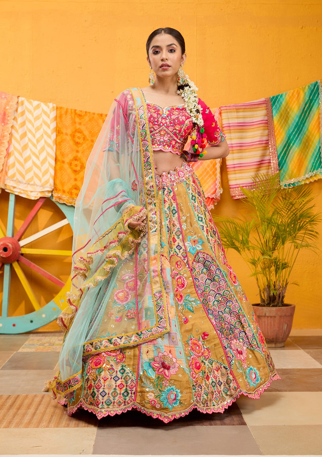 Rani Pink Threadwork Banarasi Readymade Lehenga-Koskii