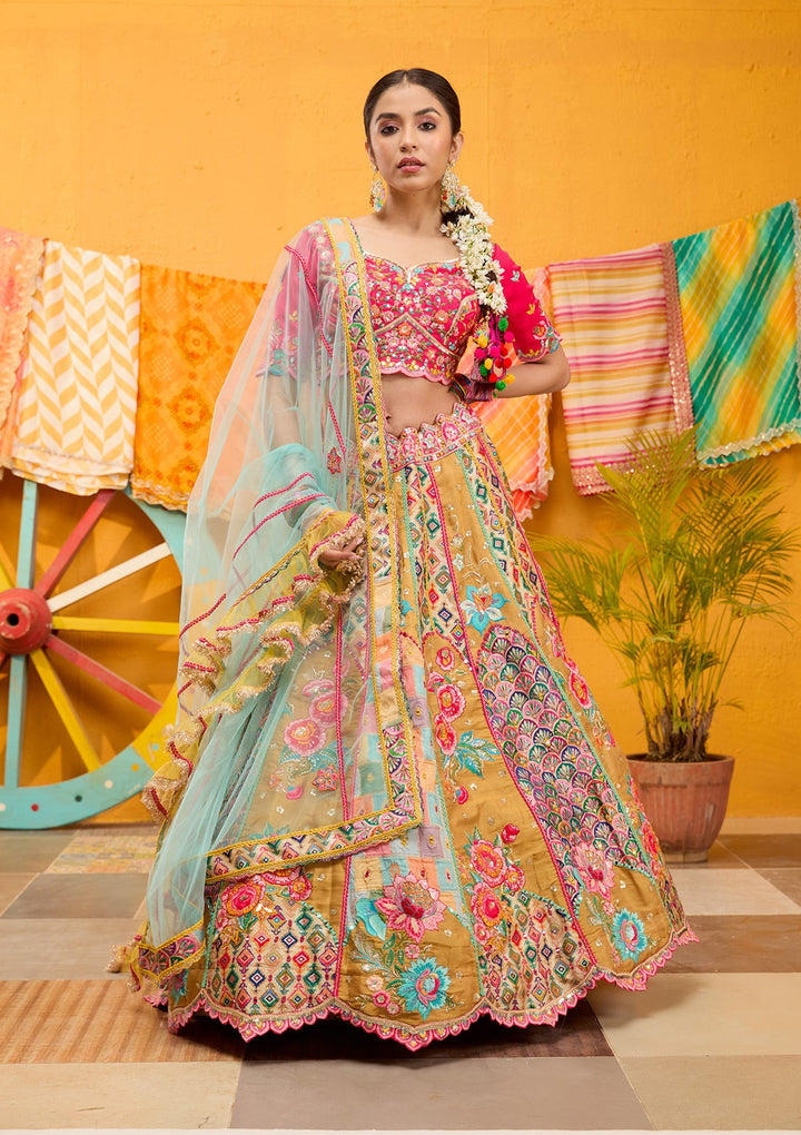 Rani Pink Threadwork Banarasi Readymade Lehenga-Koskii
