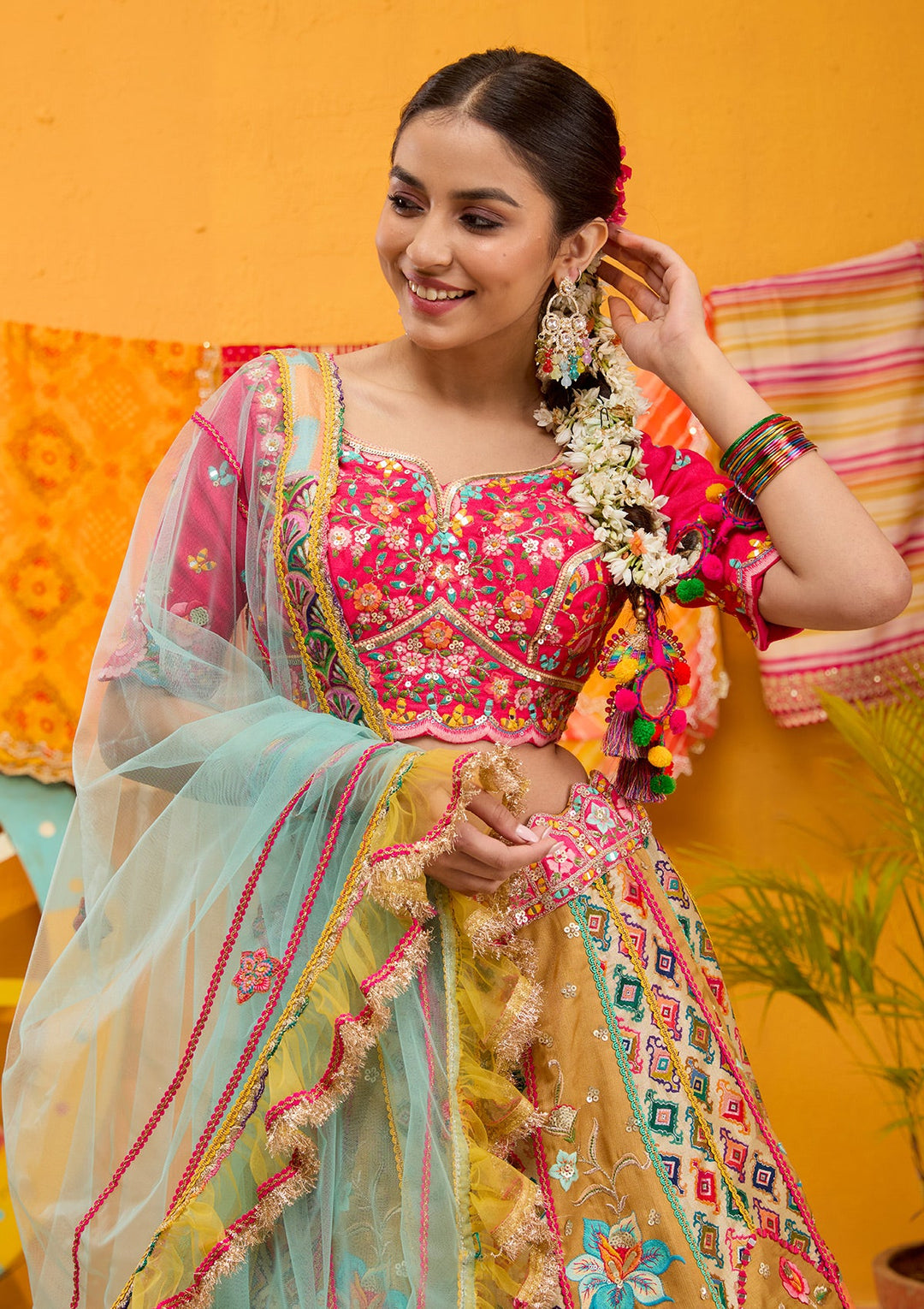 Rani Pink Threadwork Banarasi Readymade Lehenga-Koskii