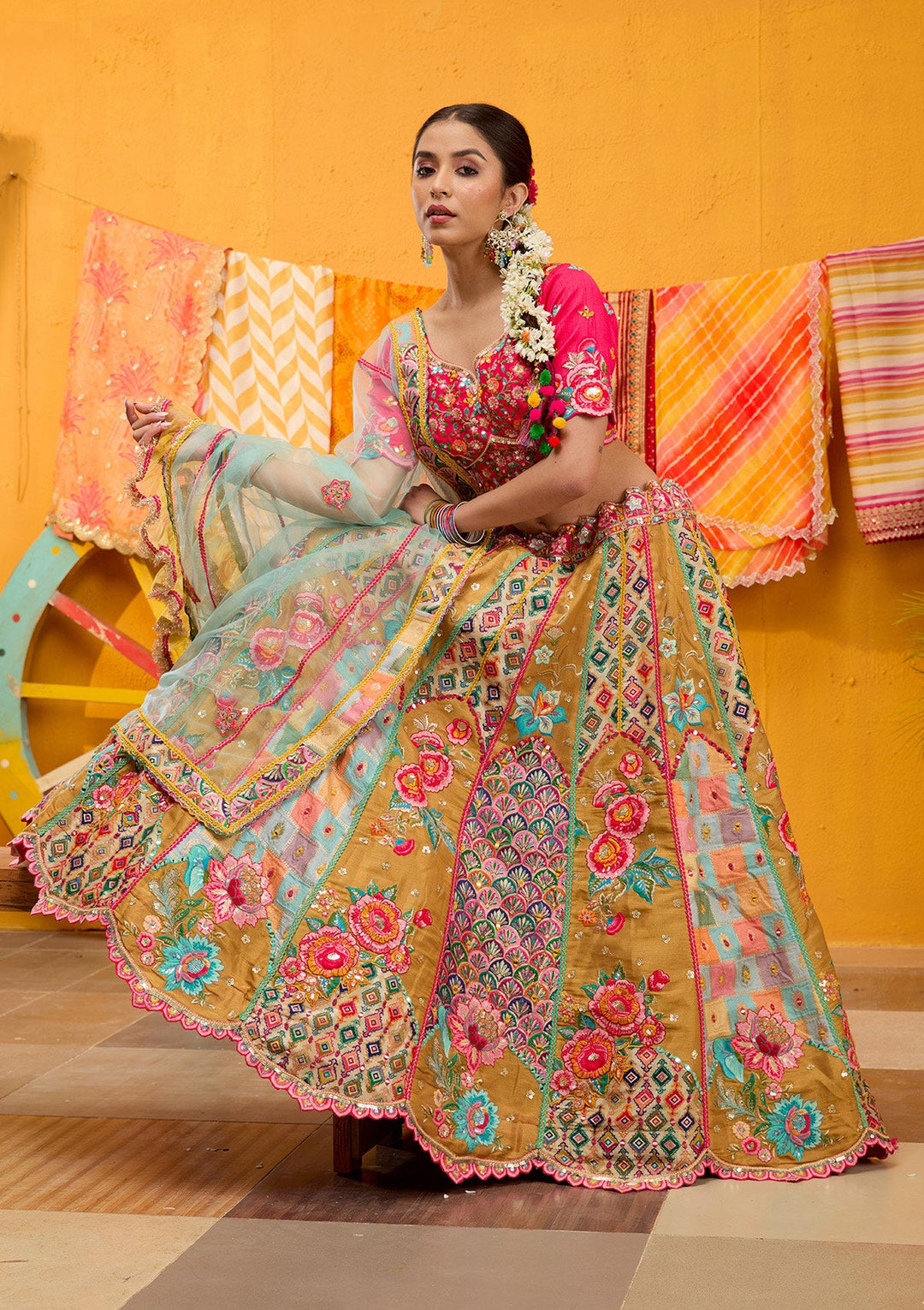 Rani Pink Threadwork Banarasi Readymade Lehenga-Koskii