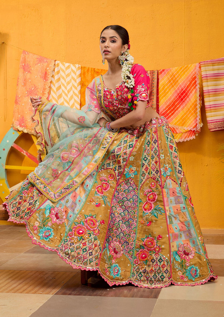 Rani Pink Threadwork Banarasi Readymade Lehenga-Koskii