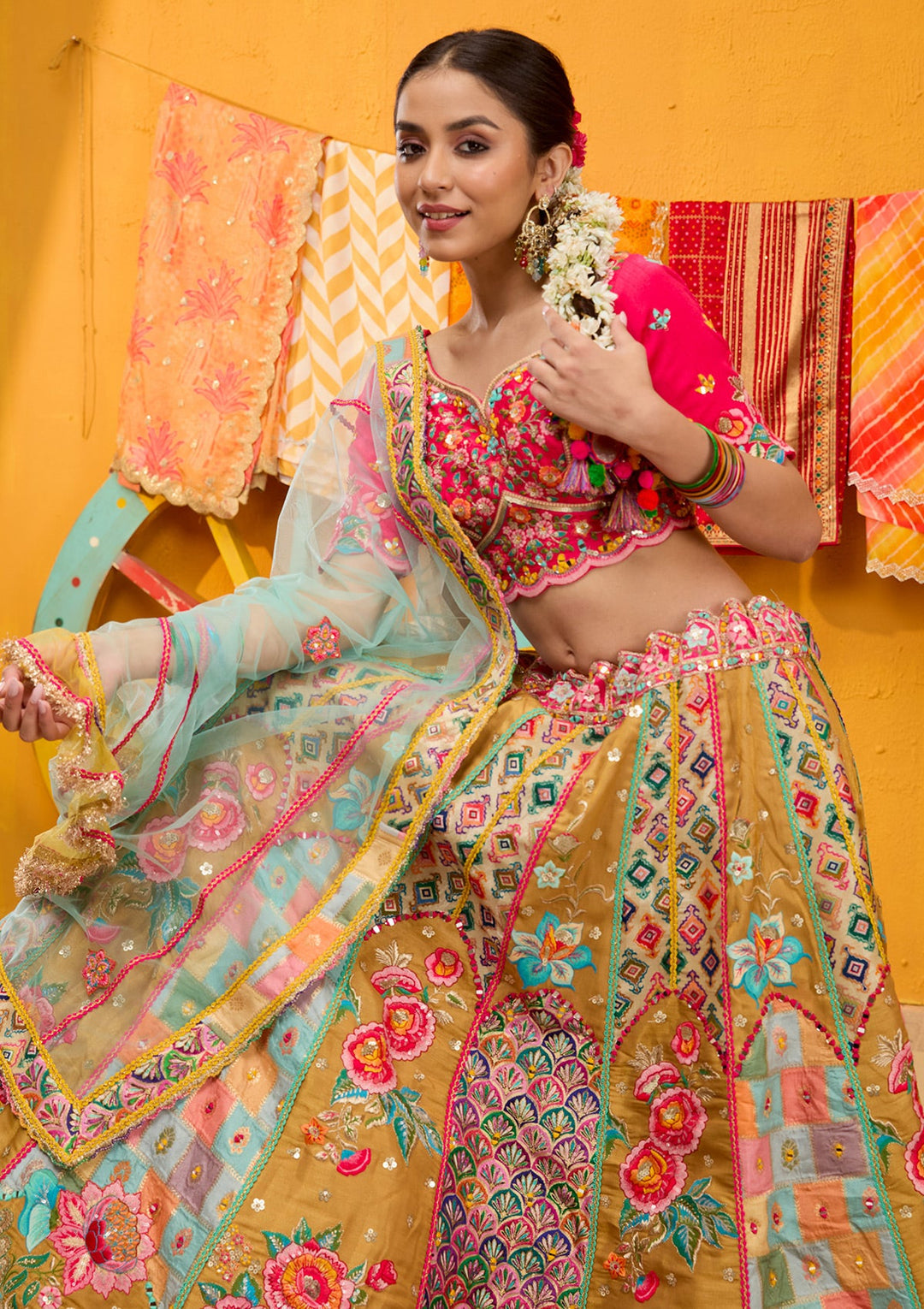 Rani Pink Threadwork Banarasi Readymade Lehenga-Koskii