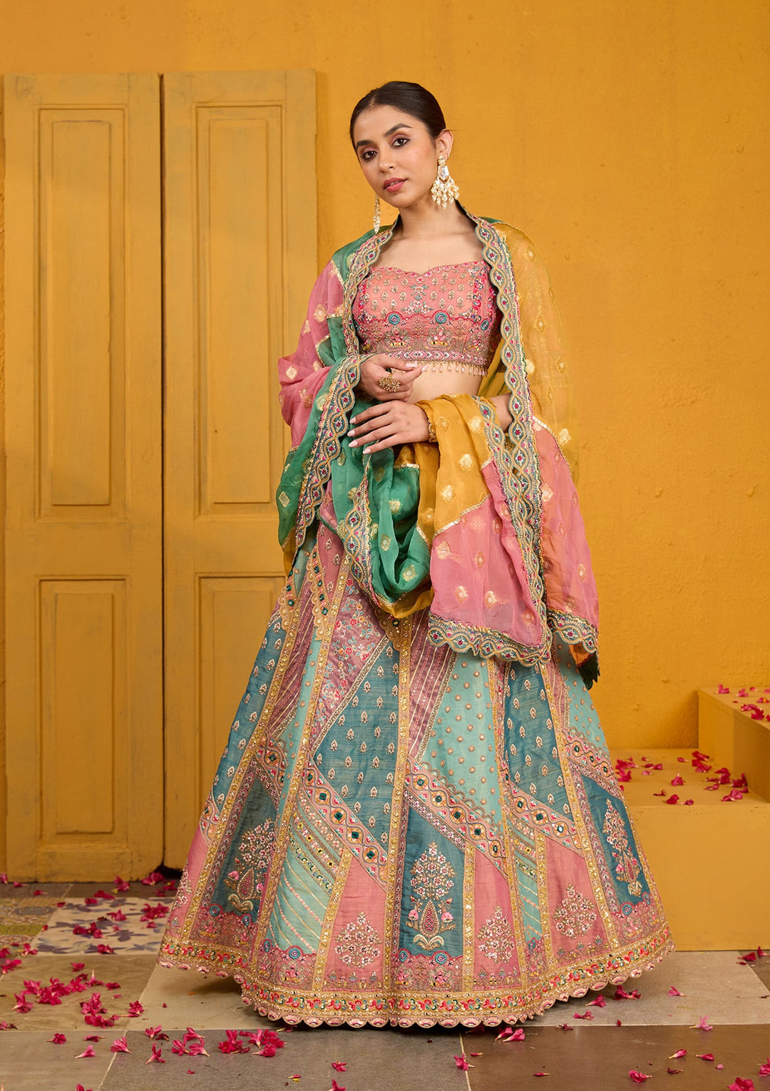 Peach Threadwork Banarasi Readymade Lehenga-Koskii
