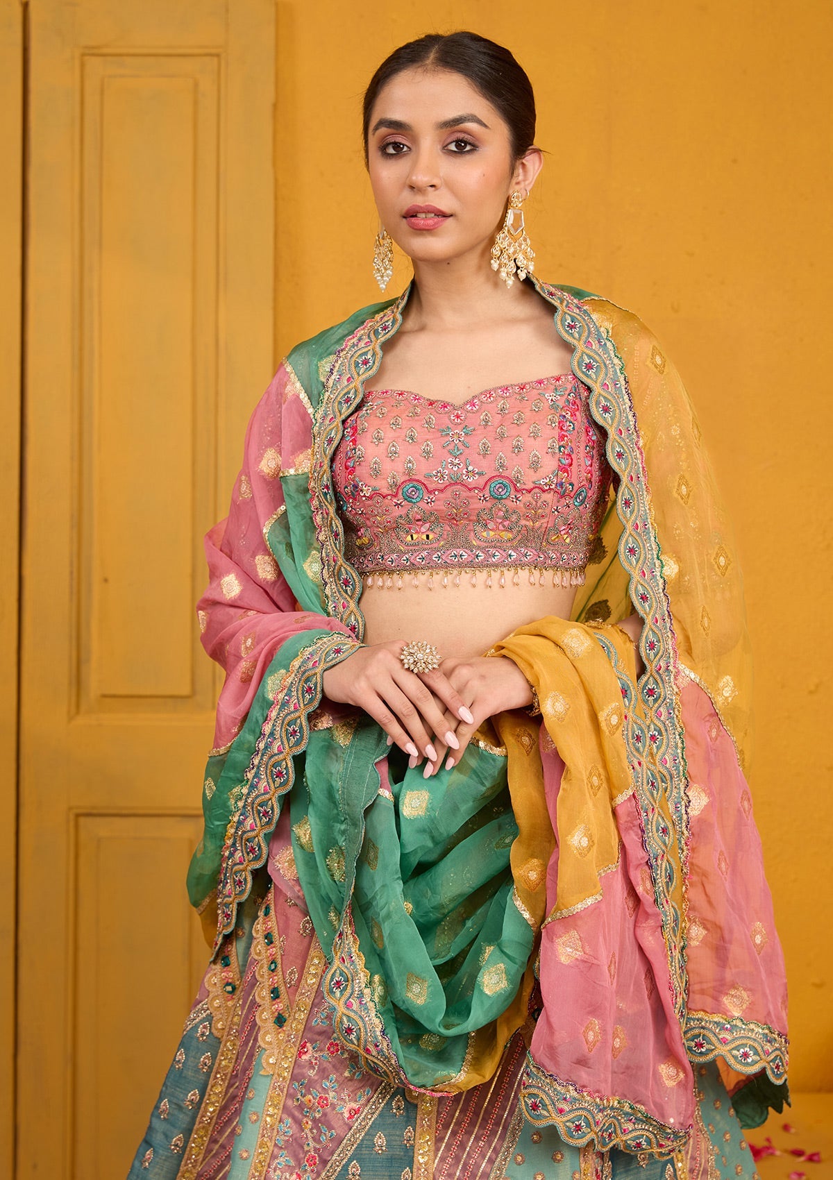 Peach Threadwork Banarasi Readymade Lehenga-Koskii