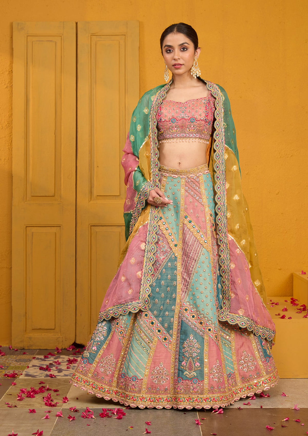 Peach Threadwork Banarasi Readymade Lehenga-Koskii